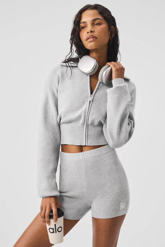 Scholar Knit Cropped Full Zip Zip Jacket — Athletic Heather Grey