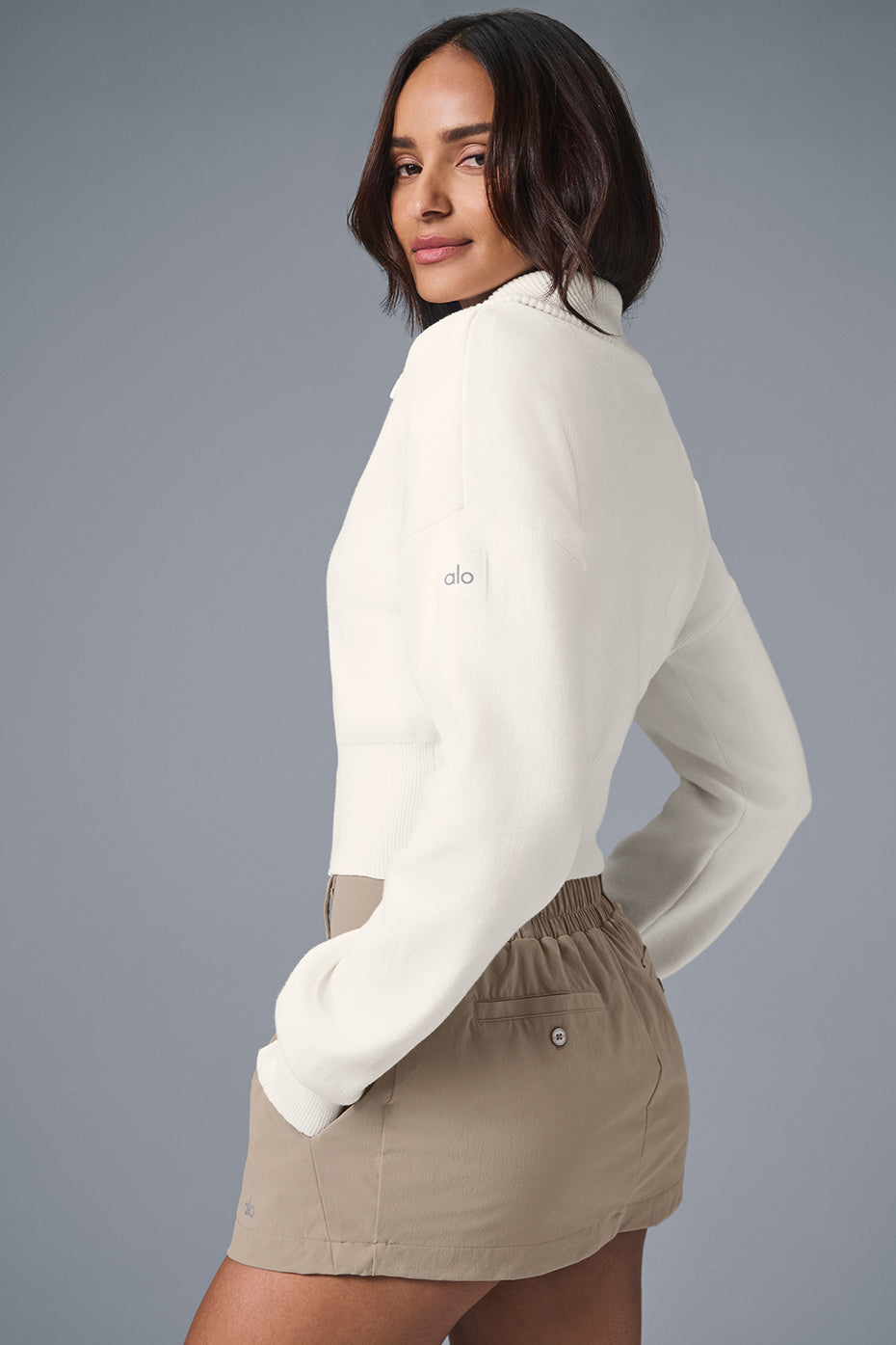 Scholar Knit Cropped Full Zip Zip Jacket — Ivory