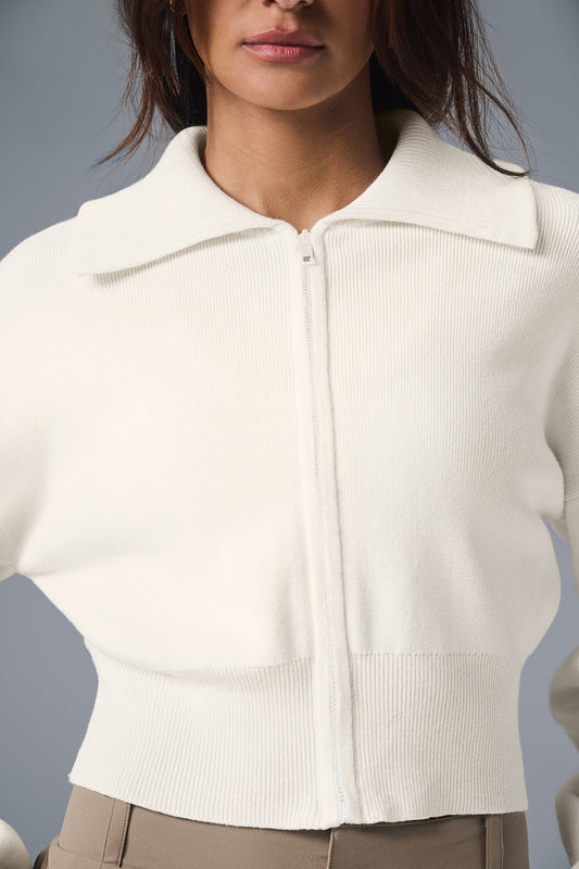 Scholar Knit Cropped Full Zip Zip Jacket — Ivory