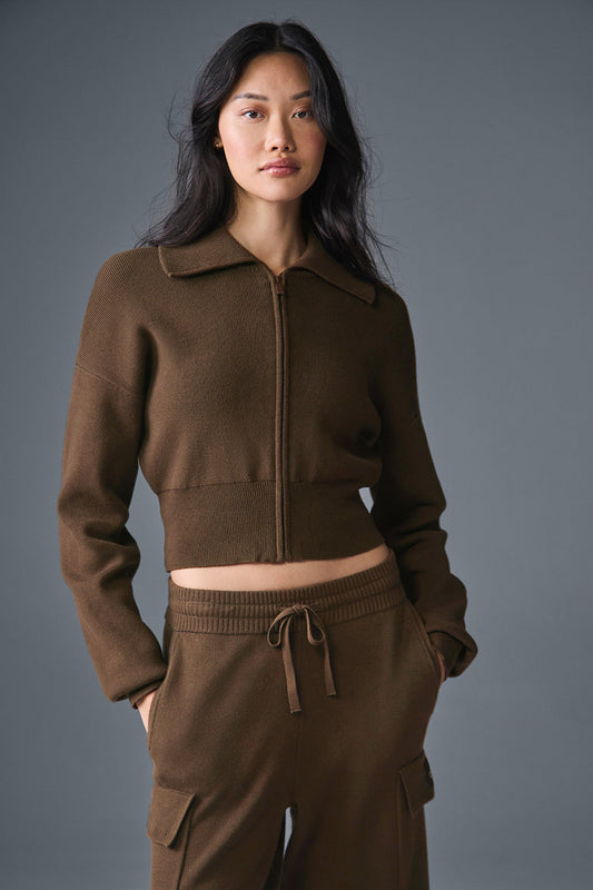 Scholar Knit Cropped Full Zip Zip Jacket — Espresso