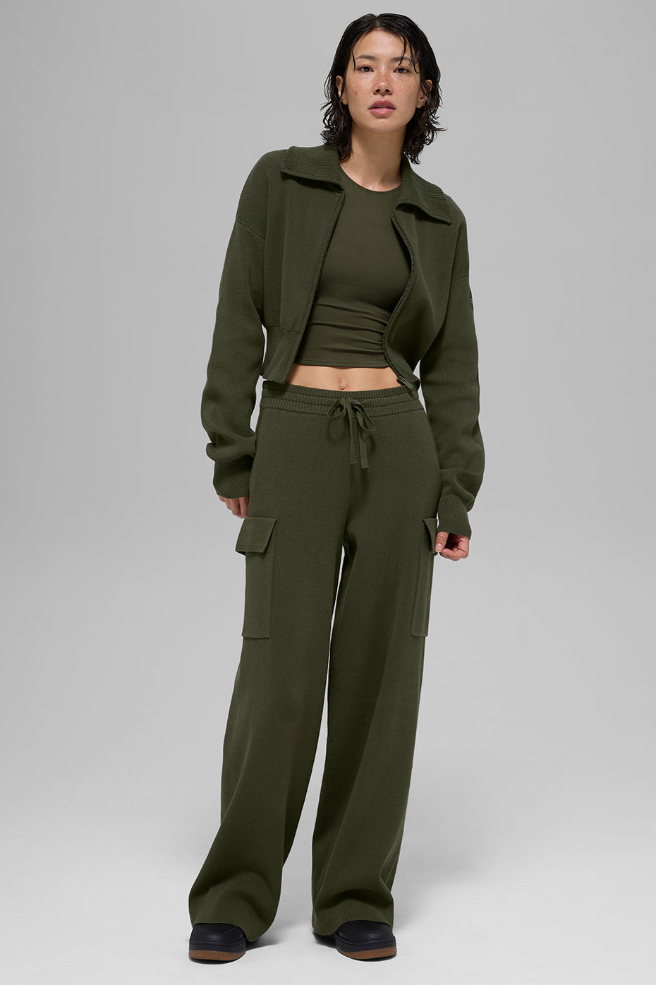 Scholar Knit Cropped Full Zip Zip Jacket — Green Olive