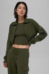 Scholar Knit Cropped Full Zip Zip Jacket — Green Olive