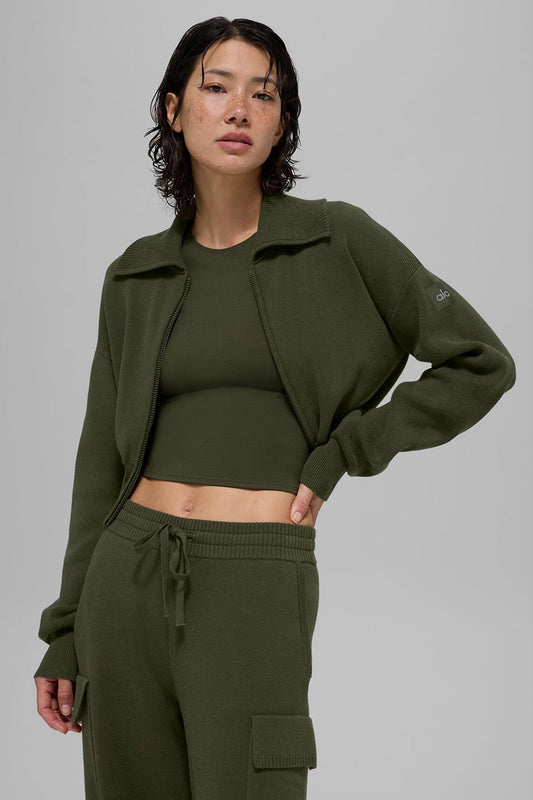 Scholar Knit Cropped Full Zip Zip Jacket — Green Olive