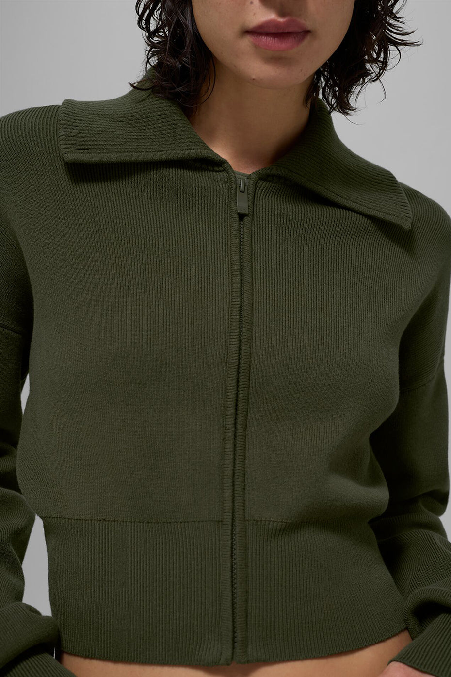Scholar Knit Cropped Full Zip Zip Jacket — Green Olive