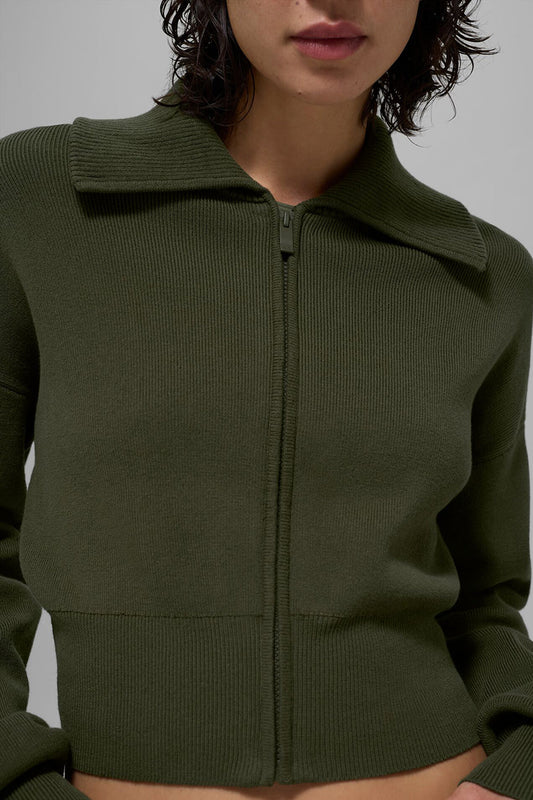 Scholar Knit Cropped Full Zip Zip Jacket — Green Olive