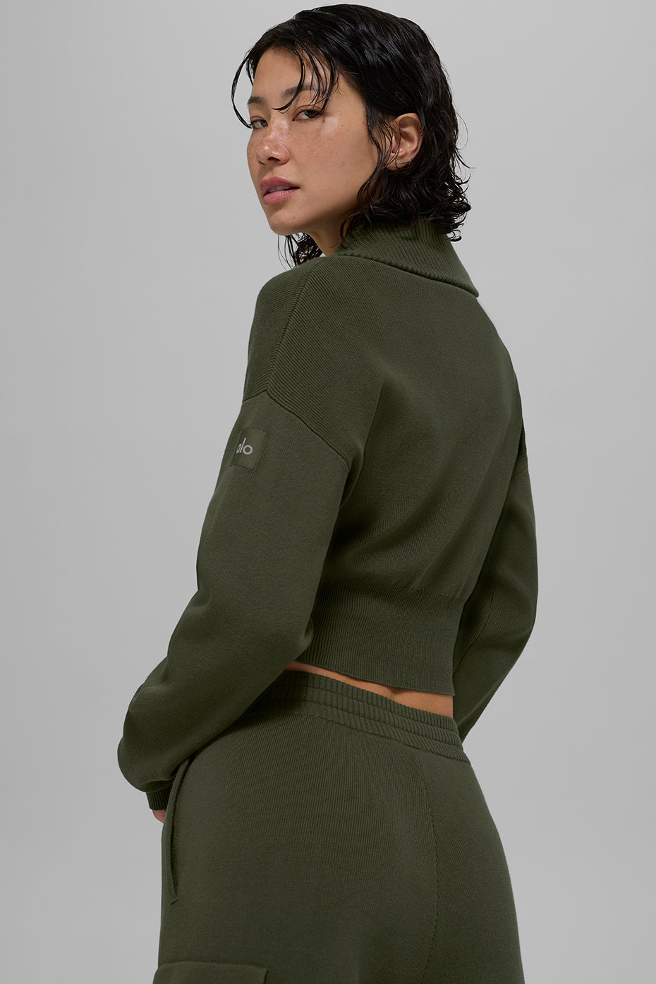 Scholar Knit Cropped Full Zip Zip Jacket — Green Olive