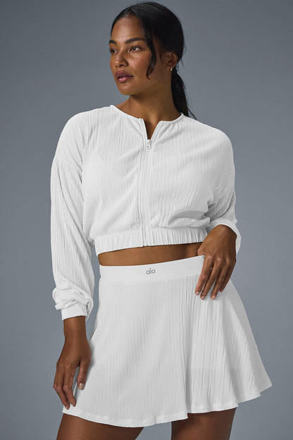 Cropped Micro Plisse Zip Jacket — White