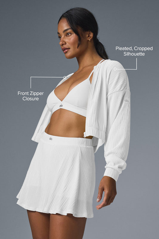 Cropped Micro Plisse Zip Jacket — White