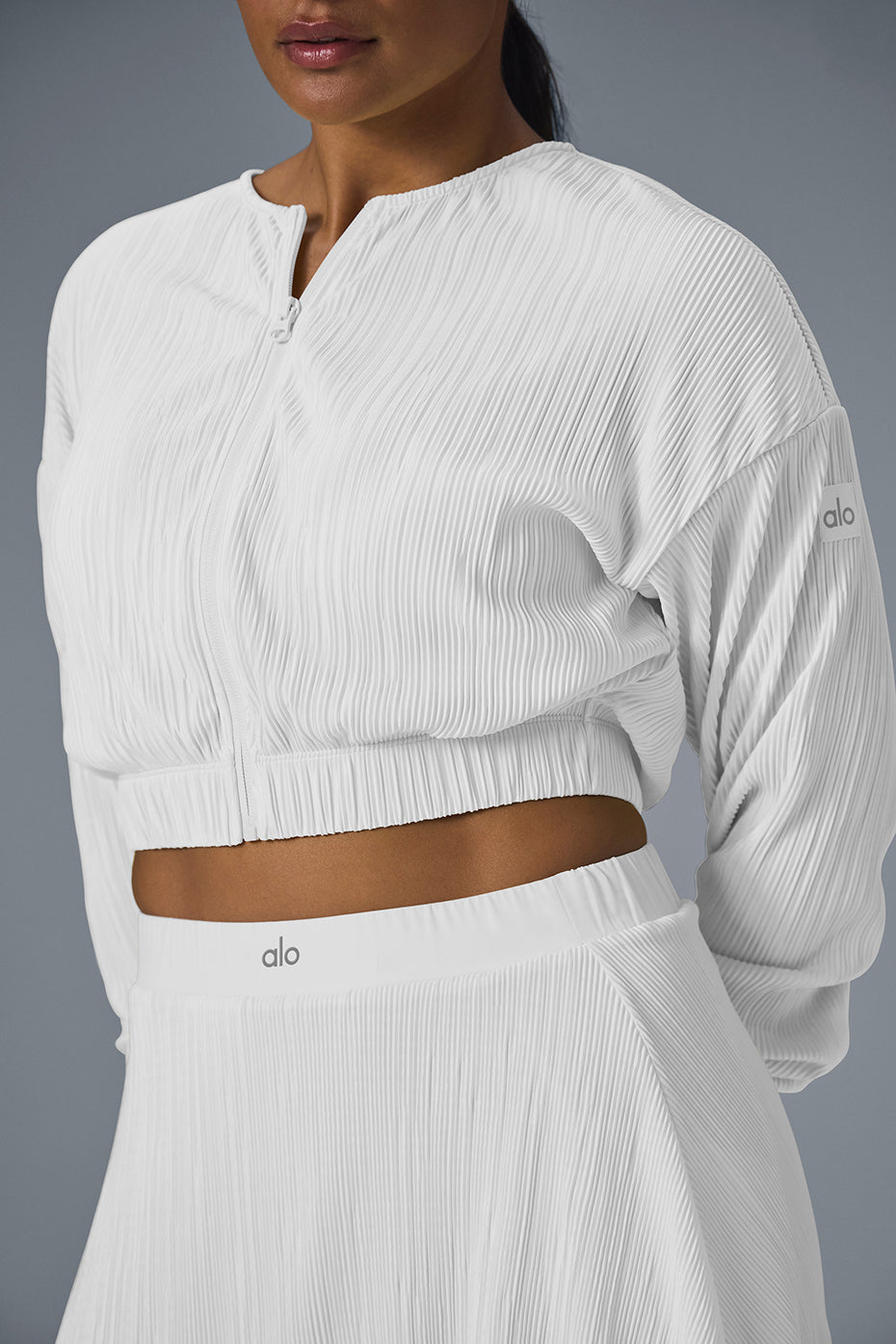Cropped Micro Plisse Zip Jacket — White