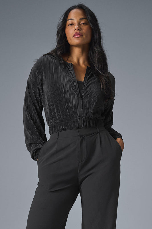 Cropped Micro Plisse Zip Jacket — Black