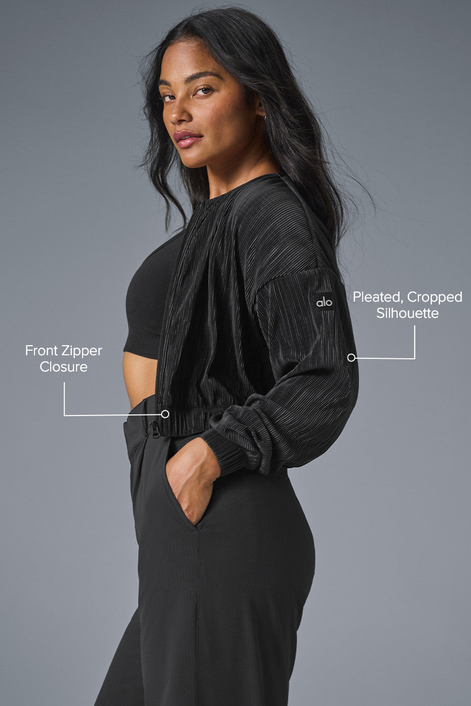 Cropped Micro Plisse Zip Jacket — Black