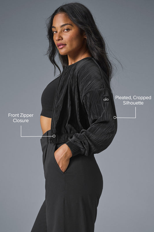 Cropped Micro Plisse Zip Jacket — Black
