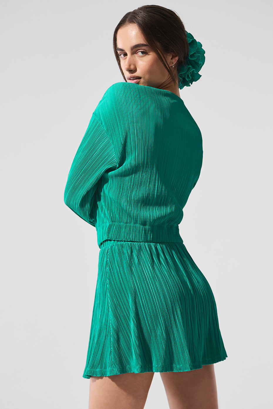 Cropped Micro Plisse Zip Jacket — Spruce Green