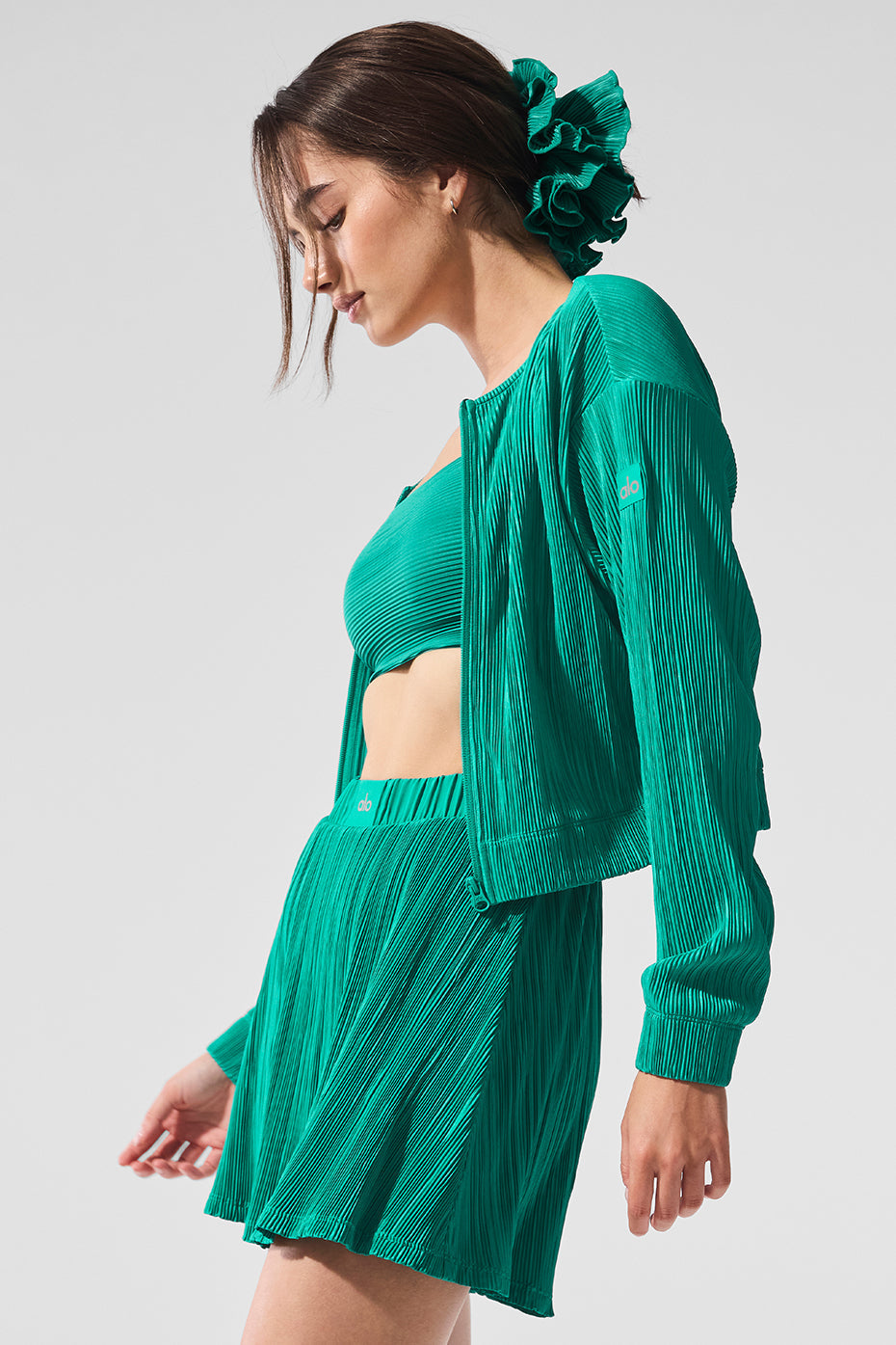 Cropped Micro Plisse Zip Jacket — Spruce Green