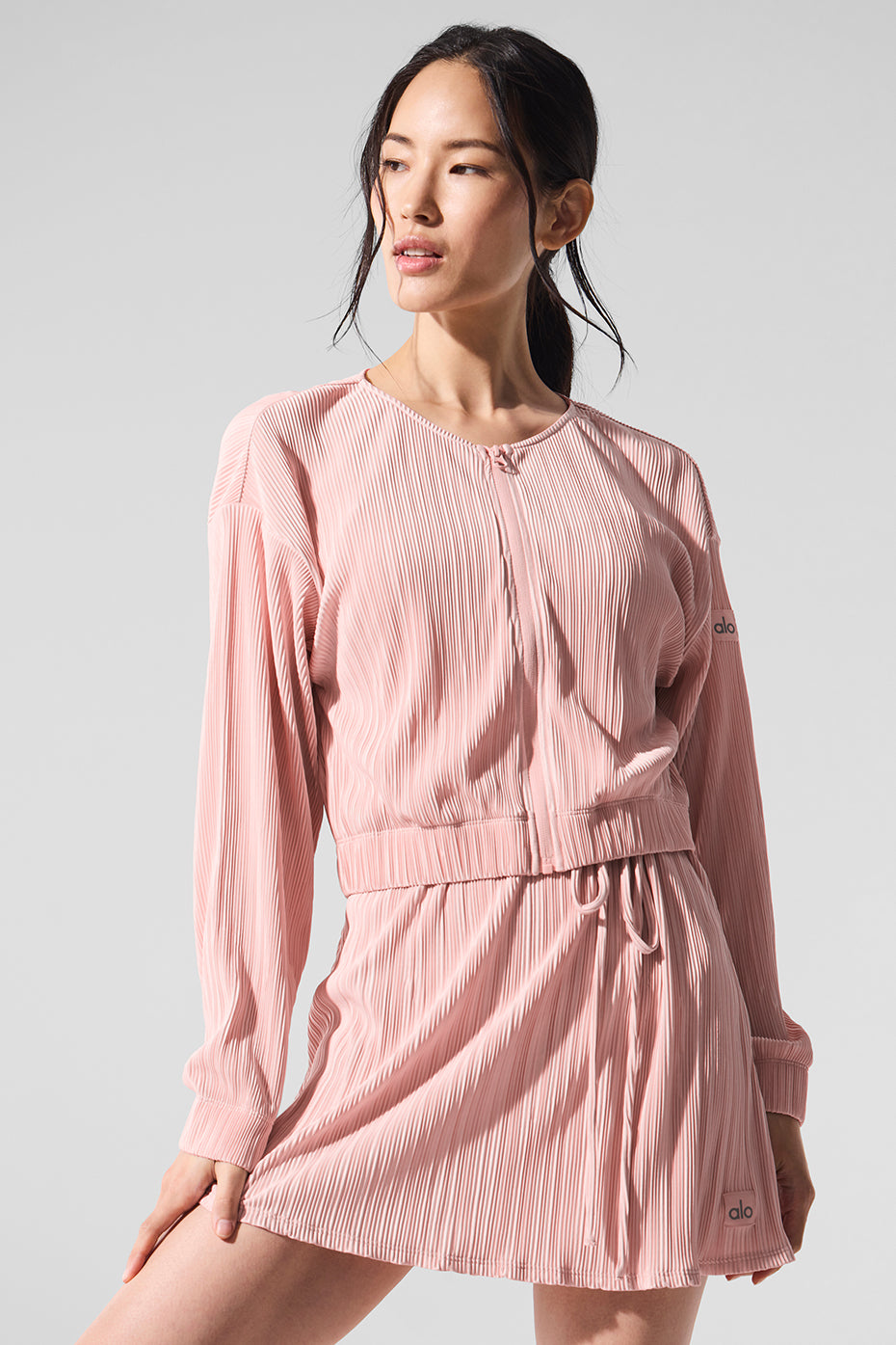 Cropped Micro Plisse Zip Jacket — Pink Quartz
