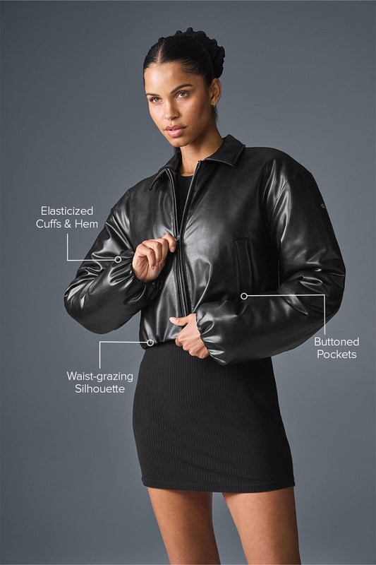 Faux Leather Cropped Premier Bomber — Black