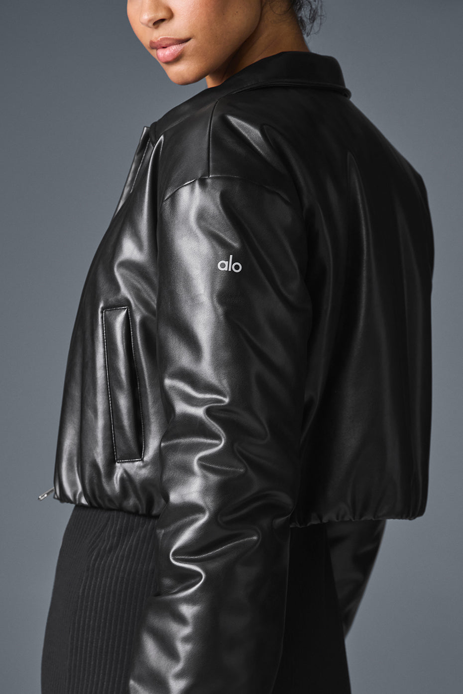 Faux Leather Cropped Premier Bomber — Black