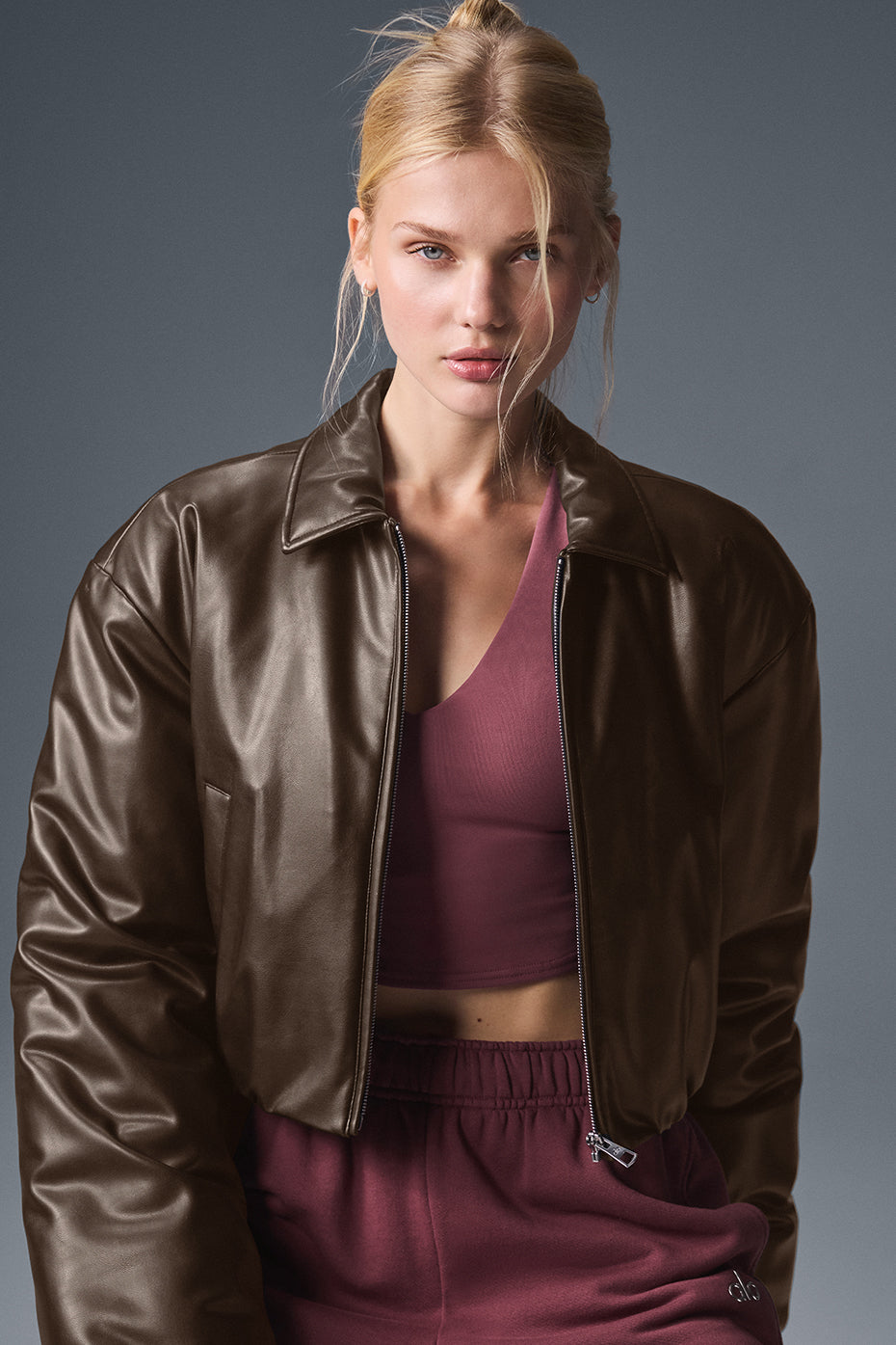 Faux Leather Cropped Premier Bomber — Espresso
