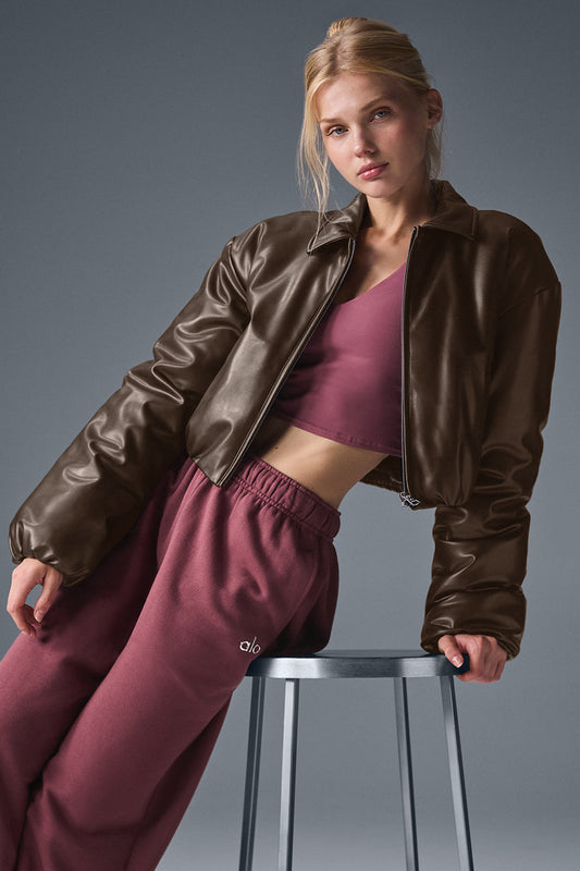 Faux Leather Cropped Premier Bomber — Espresso