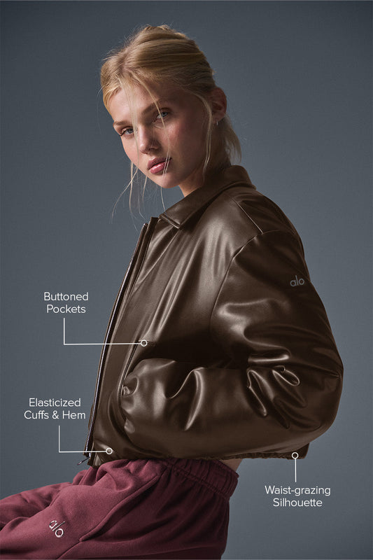Faux Leather Cropped Premier Bomber — Espresso