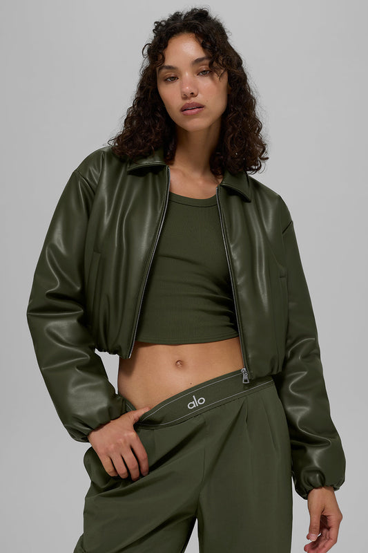 Faux Leather Cropped Premier Bomber — Green Olive