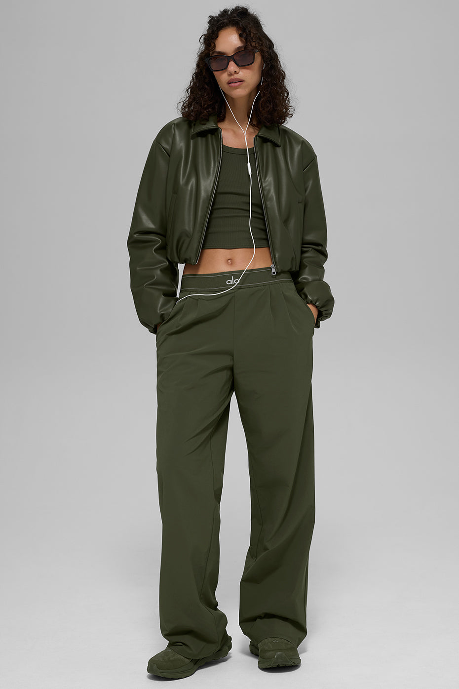 Faux Leather Cropped Premier Bomber — Green Olive
