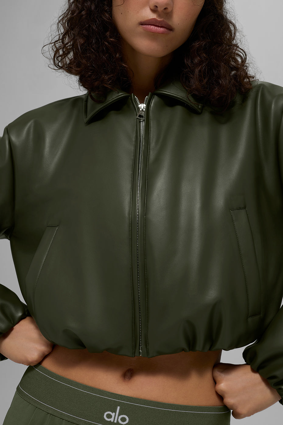 Faux Leather Cropped Premier Bomber — Green Olive