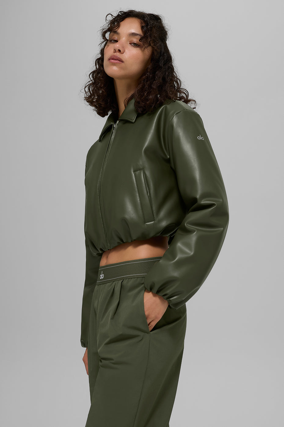 Faux Leather Cropped Premier Bomber — Green Olive