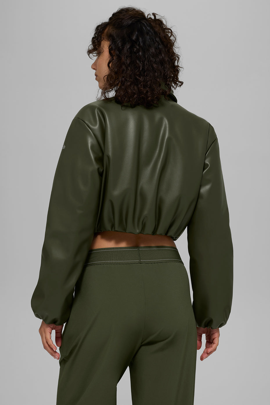 Faux Leather Cropped Premier Bomber — Green Olive