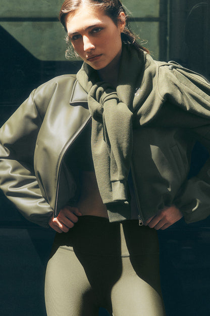 Faux Leather Cropped Premier Bomber — Green Olive
