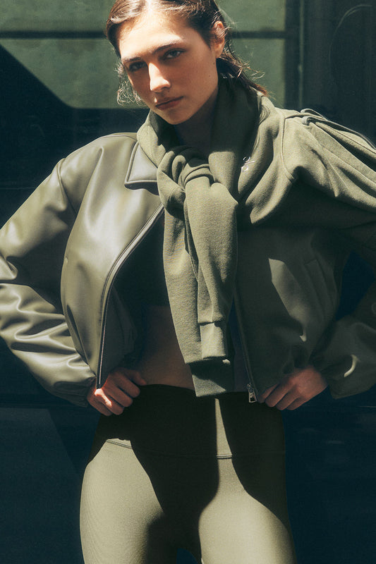 Faux Leather Cropped Premier Bomber — Green Olive