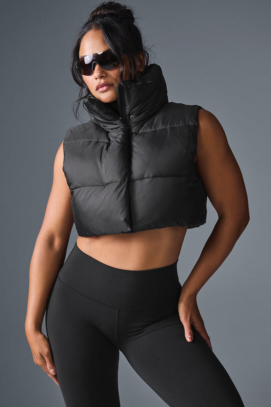Cropped Gold Rush Puffer Vest — Black