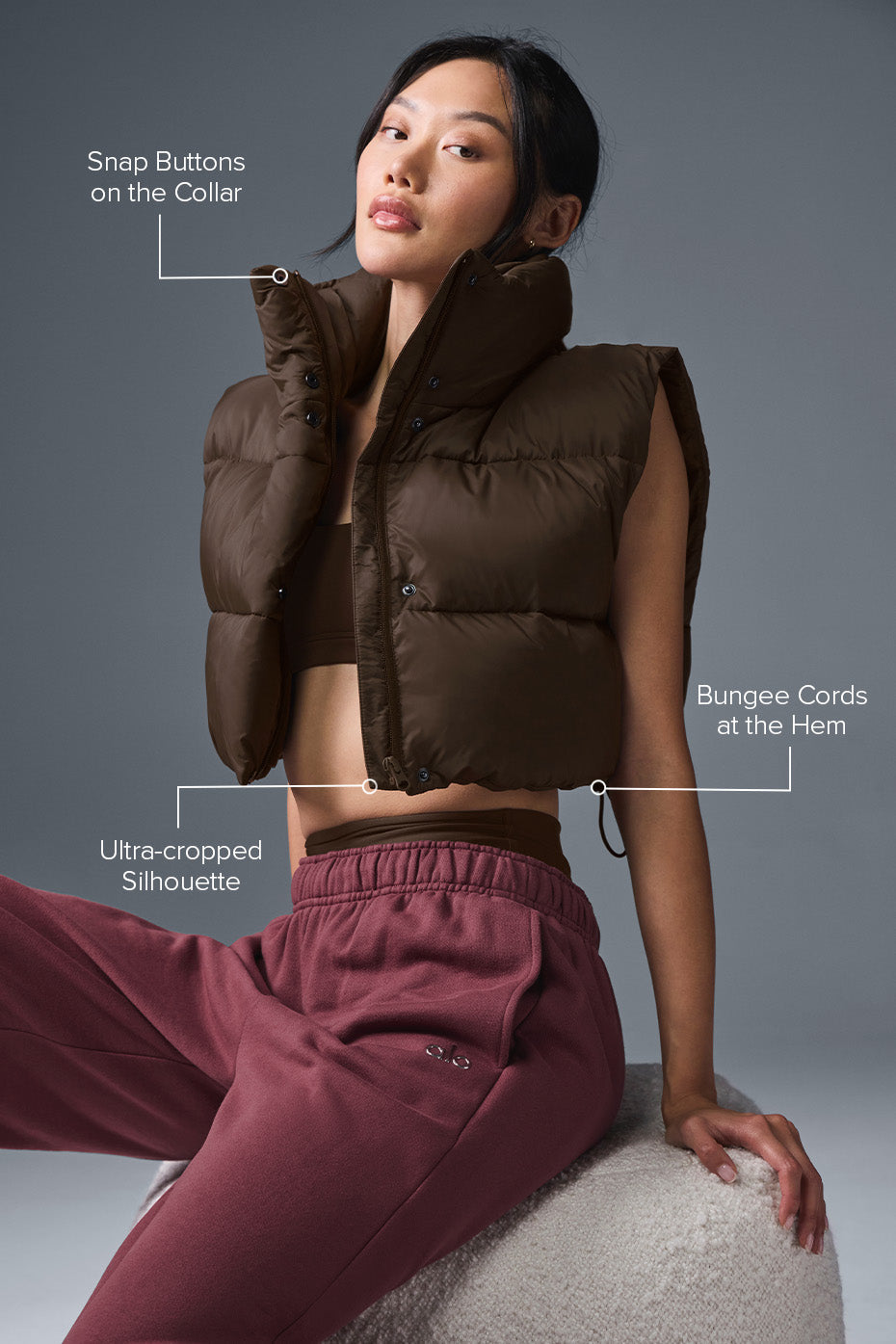 Cropped Gold Rush Puffer Vest — Espresso