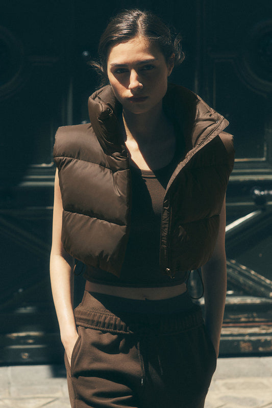 Cropped Gold Rush Puffer Vest — Espresso