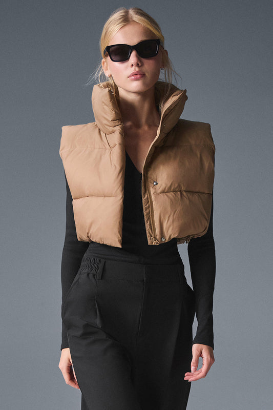 Cropped Gold Rush Puffer Vest — Toasted Almond