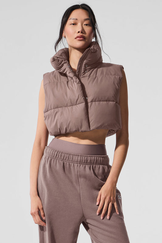 Extreme Cropped Gold Rush Puffer Vest — Mushroom