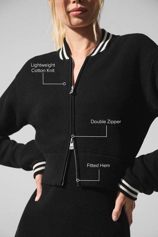 Tennis Club Sweater Knit Full Zip Zip Jacket — Black/Ivory