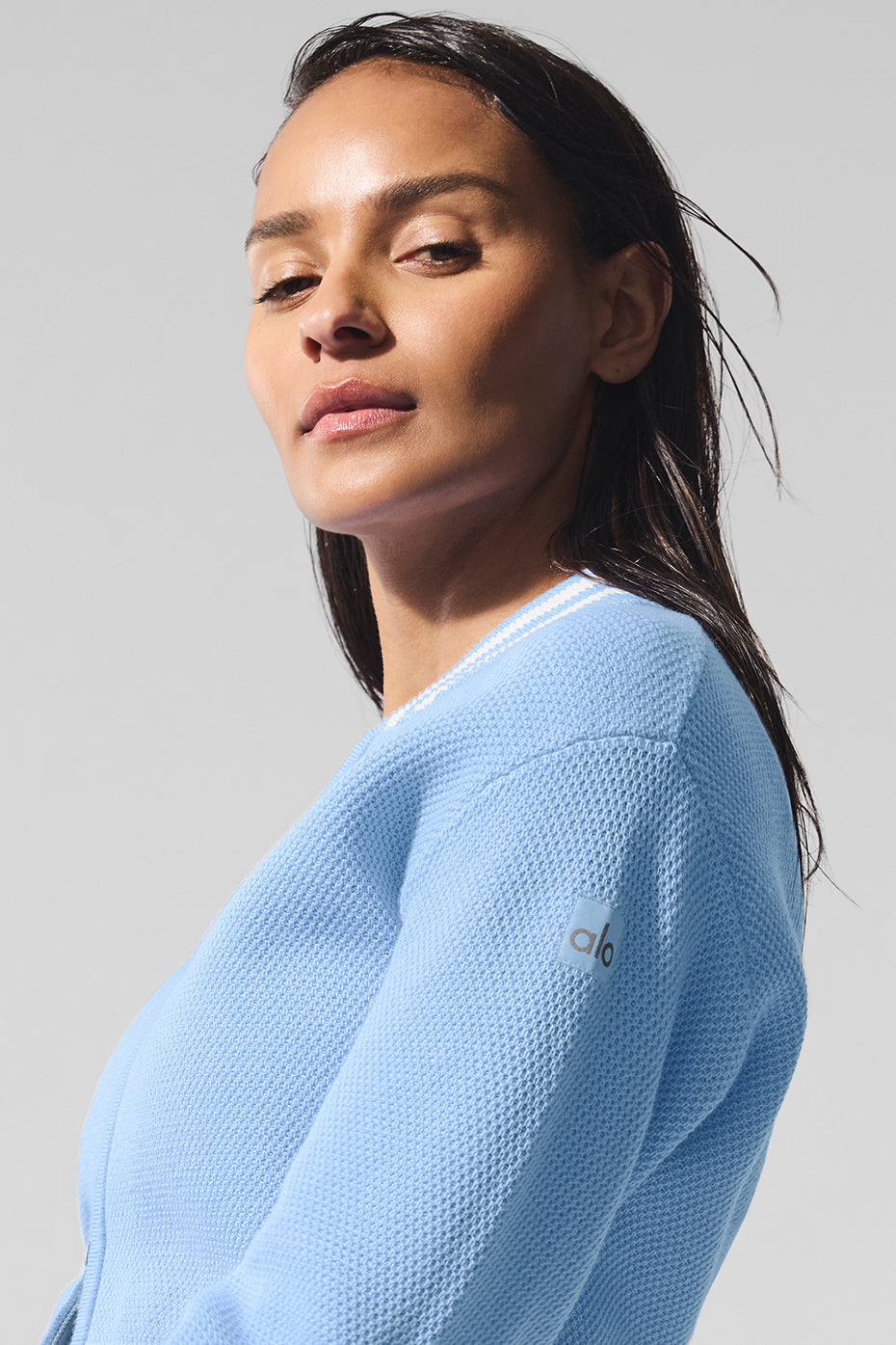 Tennis Club Sweater Knit Full Zip Zip Jacket — Seashell Blue/White