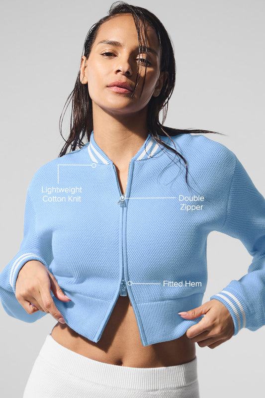 Tennis Club Sweater Knit Full Zip Zip Jacket — Seashell Blue/White