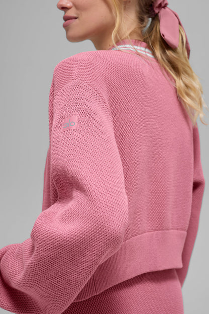 Tennis Club Sweater Knit Full Zip Zip Jacket — Pink Wild Rose/White
