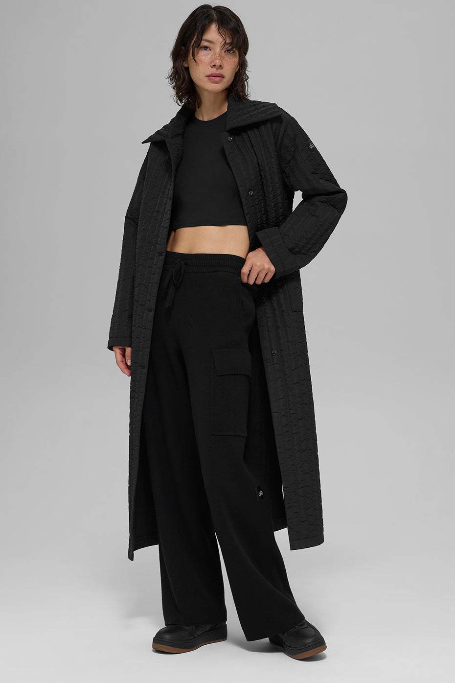 Quilted Skyline Long Coat — Black