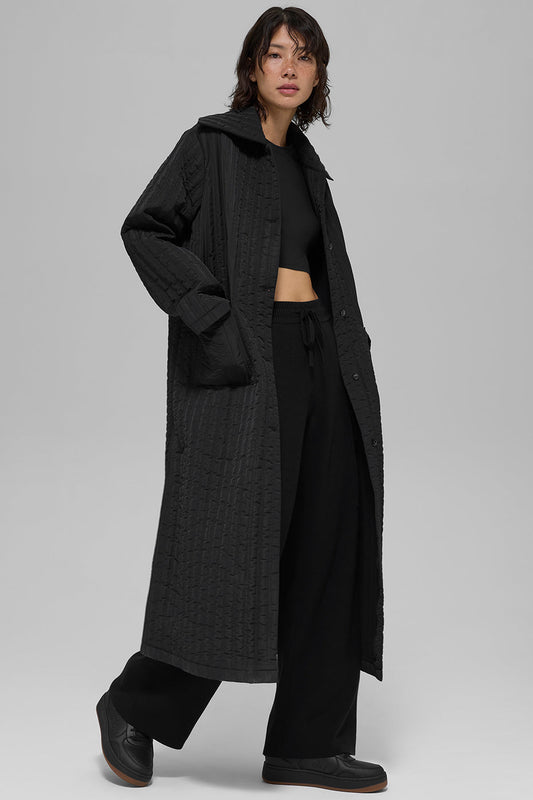 Quilted Skyline Long Coat — Black