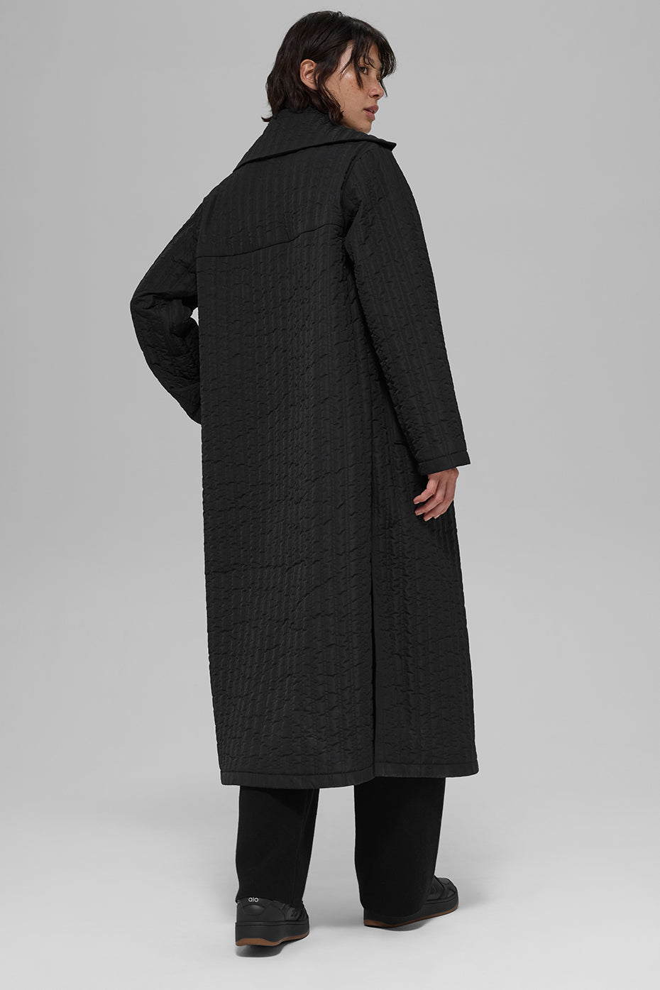 Quilted Skyline Long Coat — Black