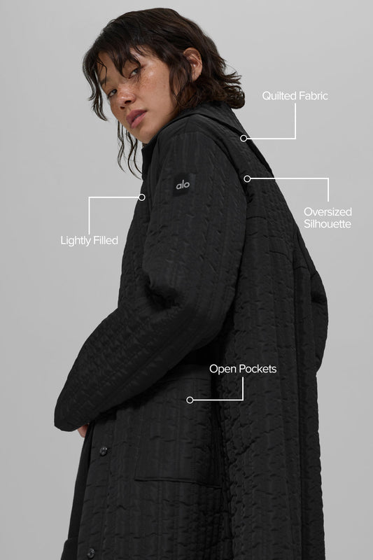Quilted Skyline Long Coat — Black