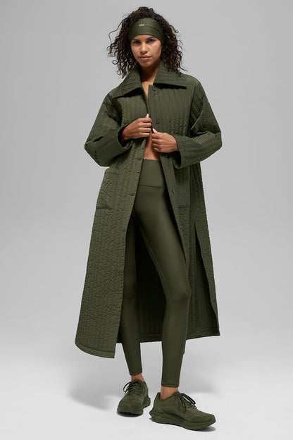 Quilted Skyline Long Coat — Green Olive