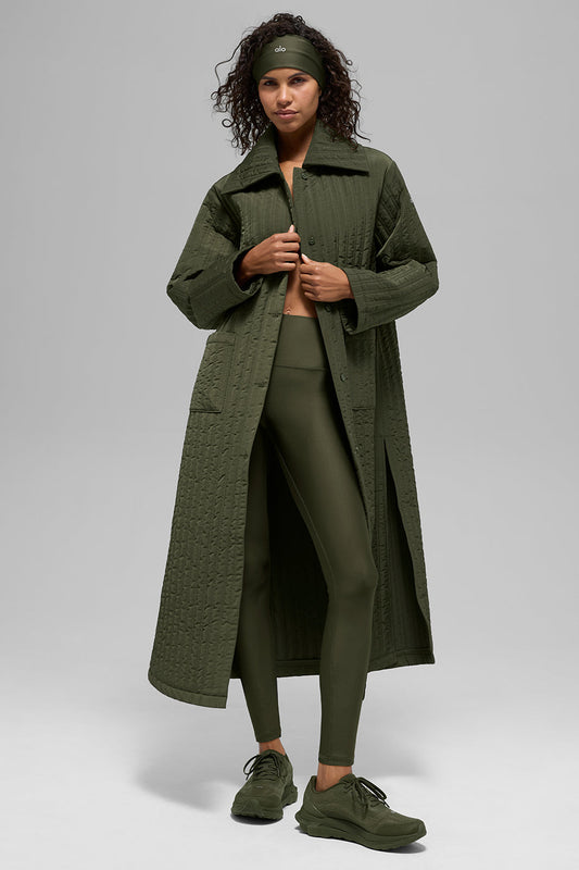 Quilted Skyline Long Coat — Green Olive