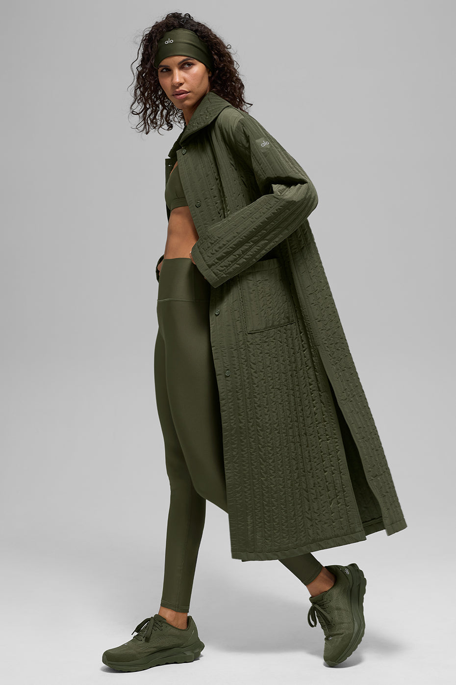 Quilted Skyline Long Coat — Green Olive