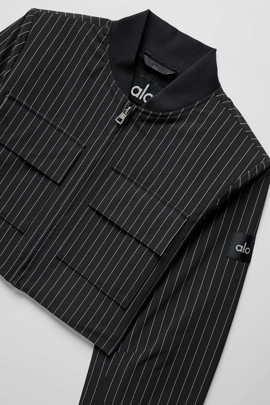 Cropped Pinstripe Main Character Full Zip Zip Jacket — Black/Titanium