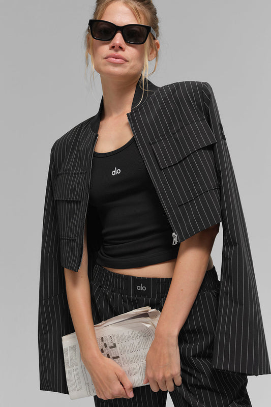 Cropped Pinstripe Main Character Full Zip Zip Jacket — Black/Titanium