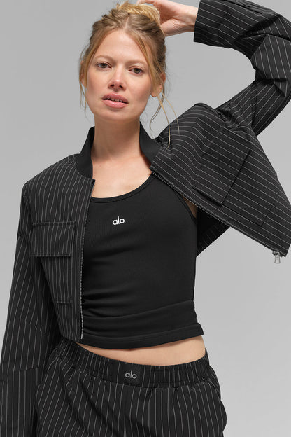 Cropped Pinstripe Main Character Full Zip Zip Jacket — Black/Titanium